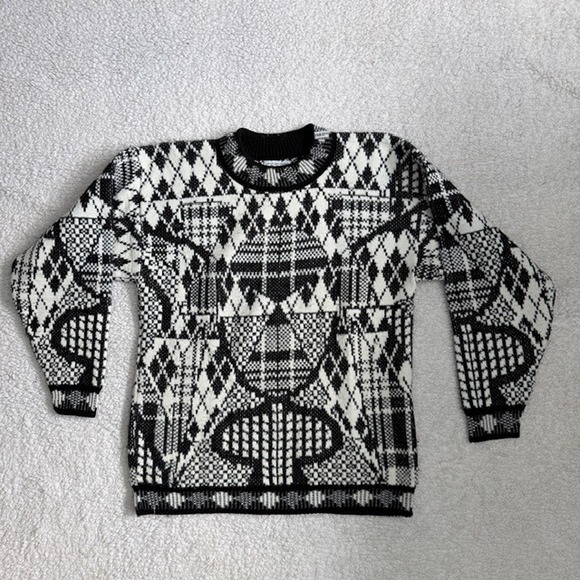 Brittany Brand Sweaters - Vintage 90s Y2K Brittony Brand Geometric Intarsia Knit Sweater Black White USA